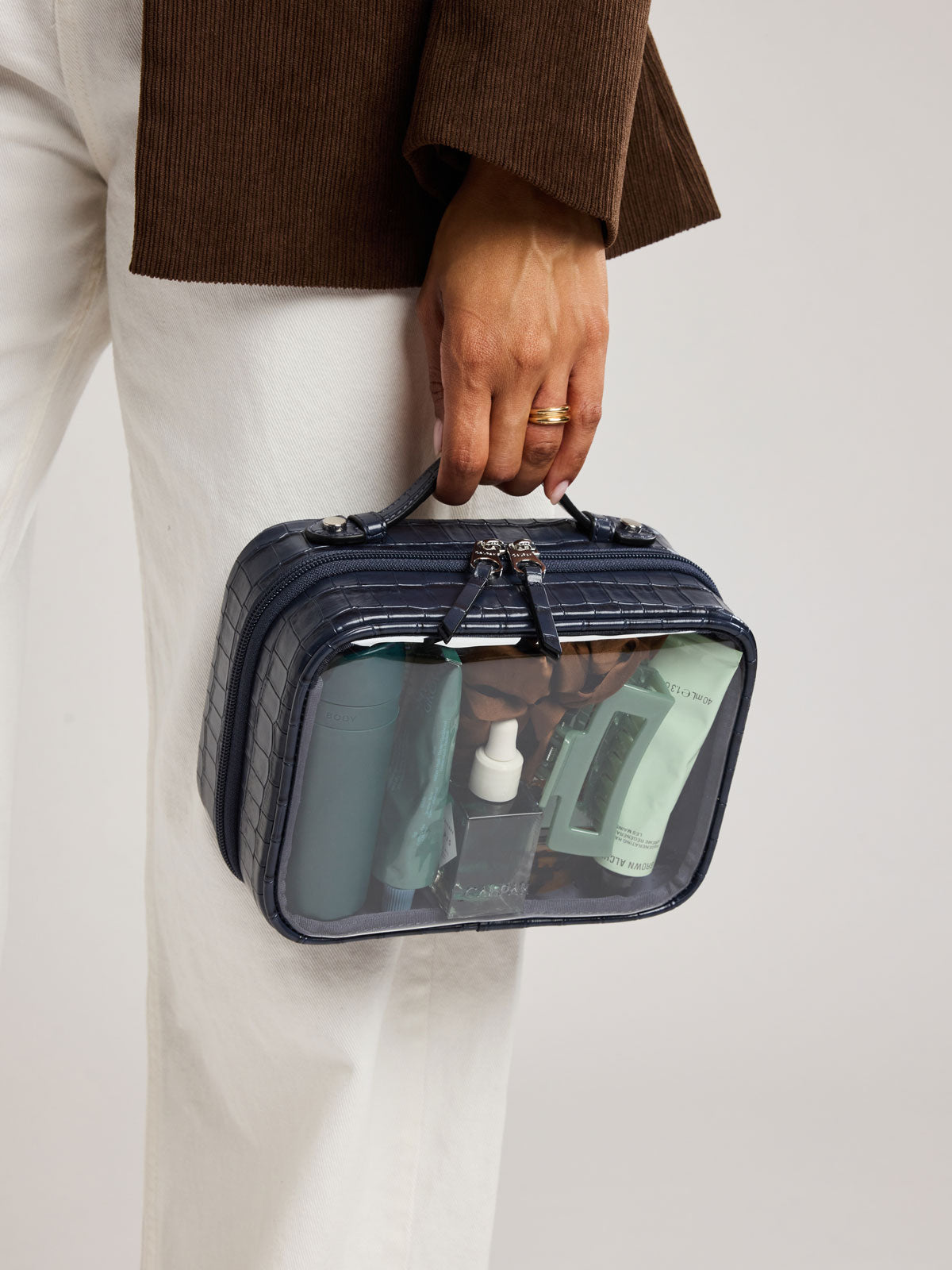 Small Clear Cosmetics Case in Croc-Embossed